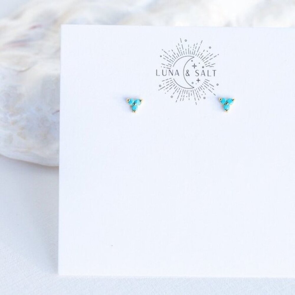 Turquoise Trio Stud Earrings December Birthstone Gold Cluster Dainty Studs - Picture 5 of 15